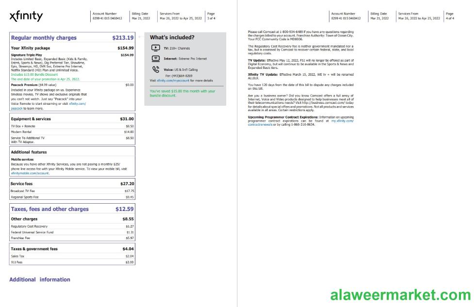 USA Philadelphia Xfinity utility bill Word and PDF template, 4 pages 3 4
